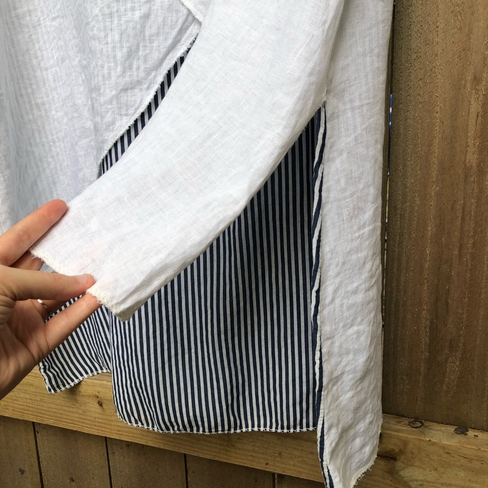 AMO 100% Linen Lagenlook Midi Dress White Navy Stripes Layered Italy with Scarf - Picture 12 of 14